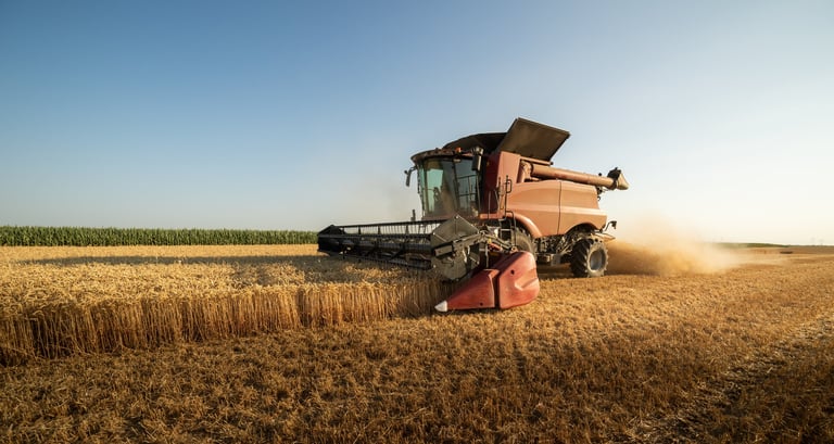 Combine harvester working in a golden wheat field at sunset — agricultural machinery parts by RODEXIM CORP