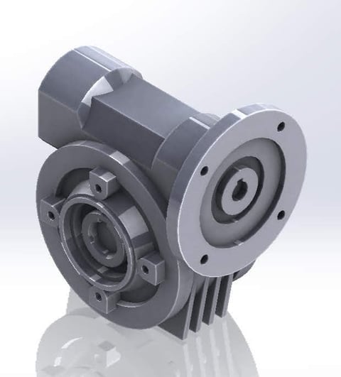 Renderizado 3D de un motorreductor industrial gris con eje de transmisión cilíndrico y bridas circulares