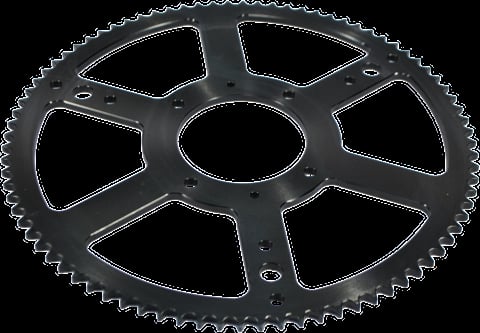 Piñón de cadena metálico negro con recortes triangulares y borde exterior dentado